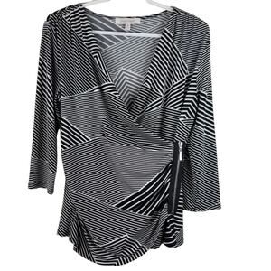 Ellen Tracy Black White Geometric Zip Wrap Style BlouseWork Business Women's M